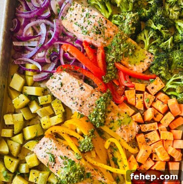 sheet pan salmon and veggies with chimichurri sauce.