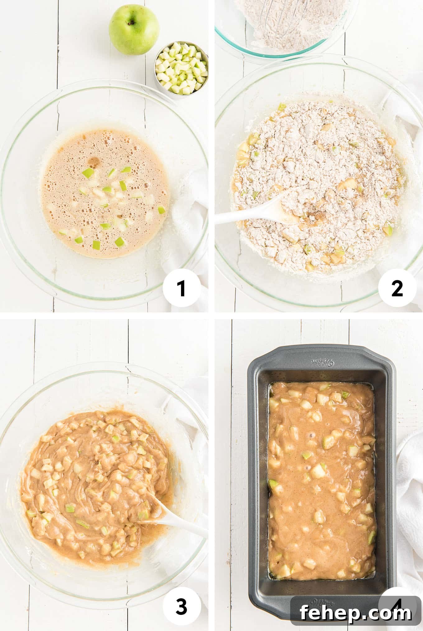 Moist Homemade Apple Bread Recipe with Cinnamon Sugar Swirl 4 Collage of images showing mixing the wet ingredients and apples, adding the flour, after mixing and in the baking pan ready for the oven.