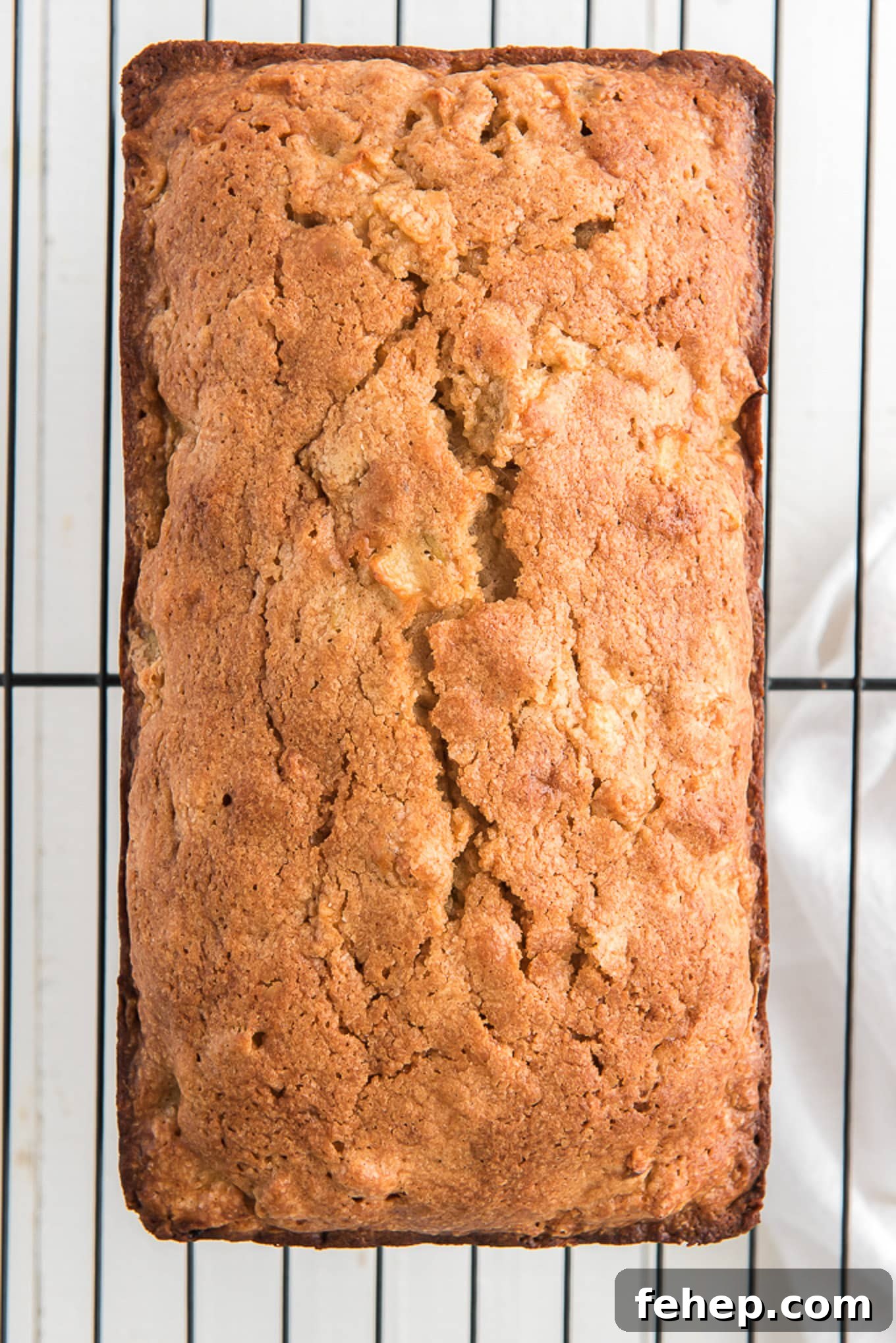 Moist Homemade Apple Bread Recipe with Cinnamon Sugar Swirl 5 Overhead of baked apple loaf on a wire rack.