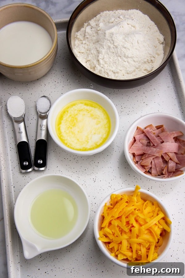 Savory Ham and Cheese Biscuit Recipe for Breakfast or Brunch 3 bowl of flour, of diced ham, cheddar strips, melted butter, oil, salt, and milk