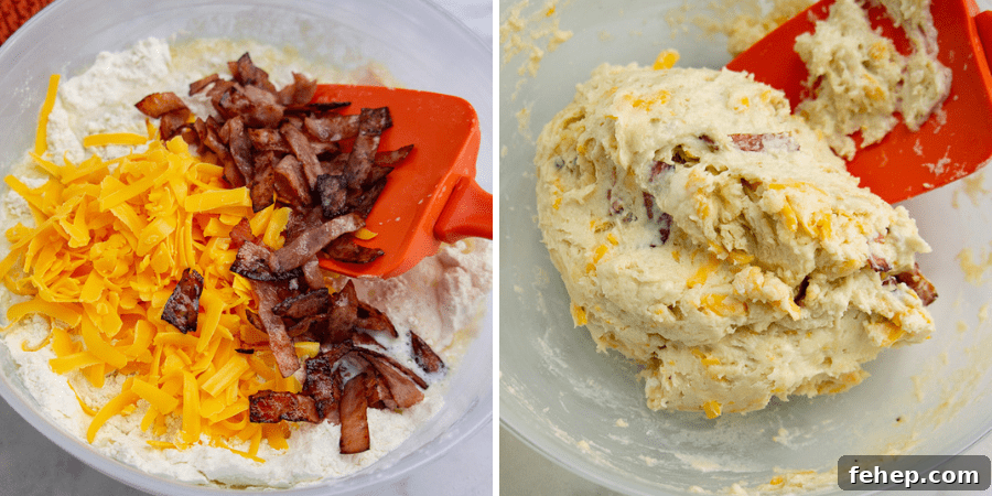 Savory Ham and Cheese Biscuit Recipe for Breakfast or Brunch 4 ham and cheese in a bowl with flour, then mixed into the dough