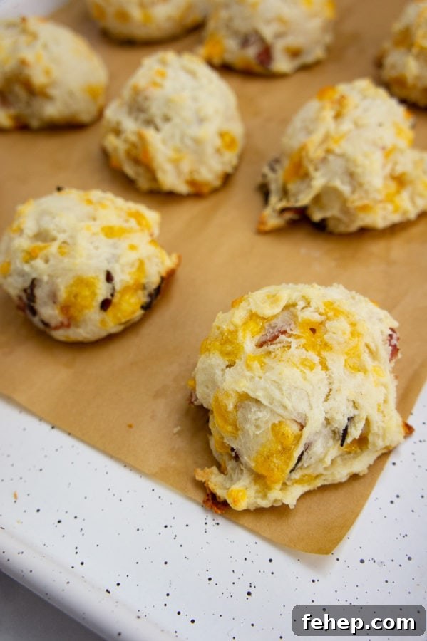 Savory Ham and Cheese Biscuit Recipe for Breakfast or Brunch 5 ham and cheddar biscuits baked on a baking sheet with parchment paper