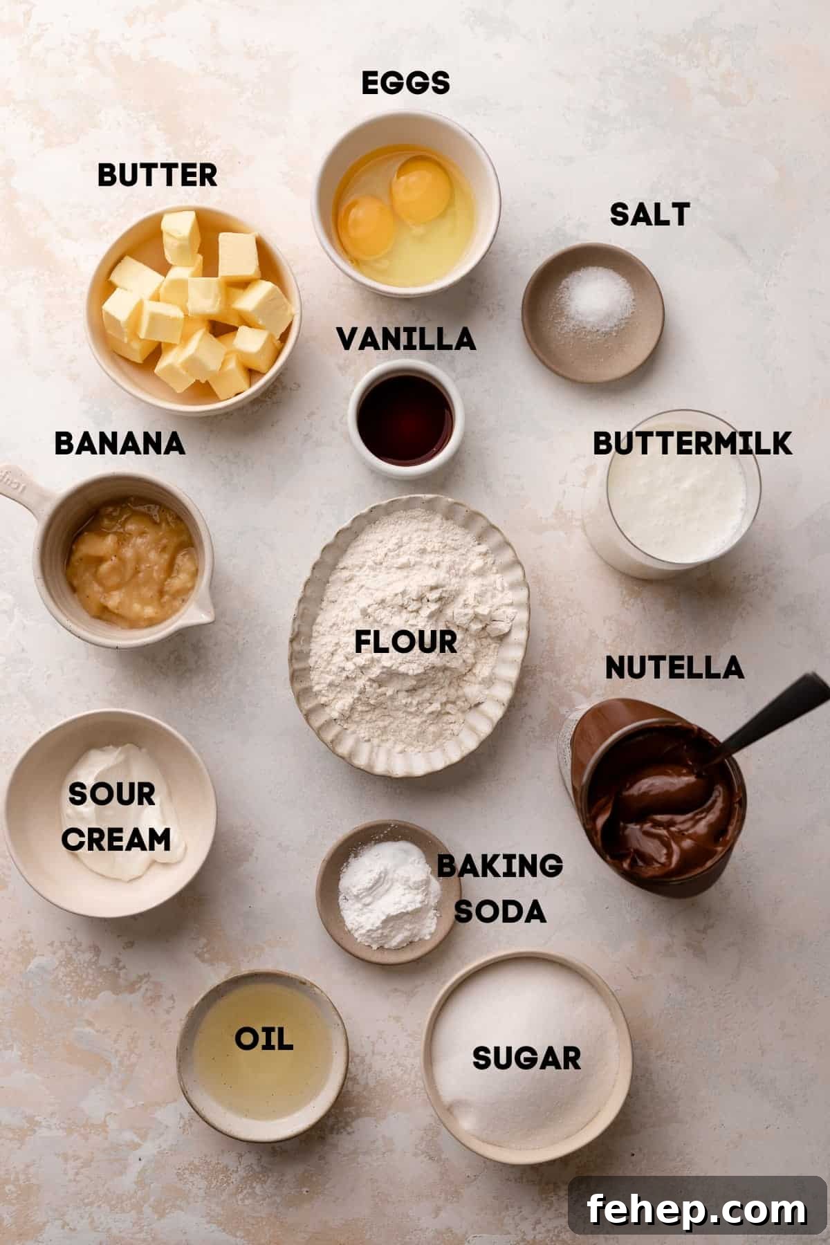 ingredients needed to make banana nutella muffins.