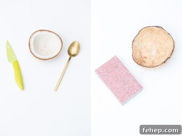 How to Make Stylish Coconut Bowls at Home 6 montage showing a half coconut with meat in it on the left and a spoon and knife next to it. On the right is a coconut shell with sandpaper next to it