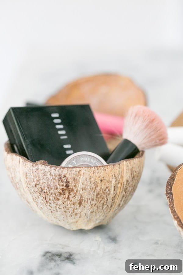 How to Make Stylish Coconut Bowls at Home 8 profile shot of bowl with cosmetics in it