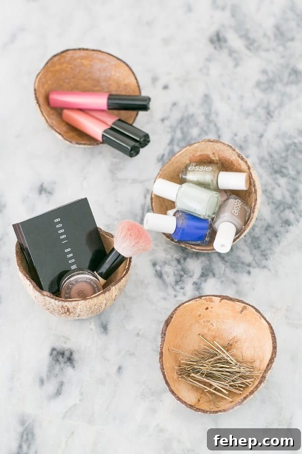 How to Make Stylish Coconut Bowls at Home 9 top down shot of diy bowls with cosmetics in them