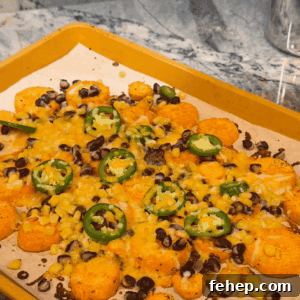 close up of sweet potato nachos on sheet pan