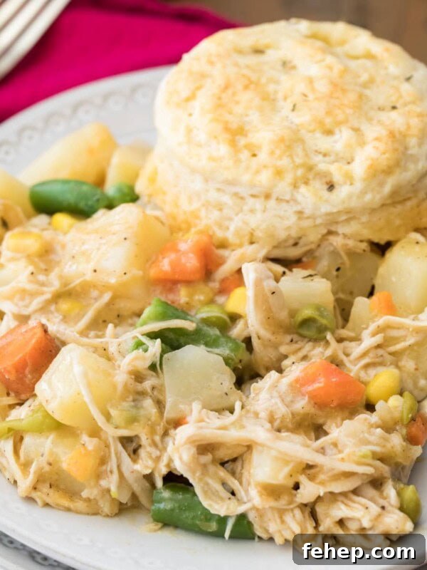 Leftover Turkey Chili Recipe: Comforting One-Pot Meal 10 chicken pot pie with biscuit served on white plate