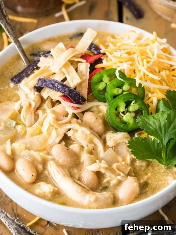 Leftover Turkey Chili Recipe: Comforting One-Pot Meal 11 Bowl of white chicken chili topped with jalapeno, shredded tortillas, and cheese.