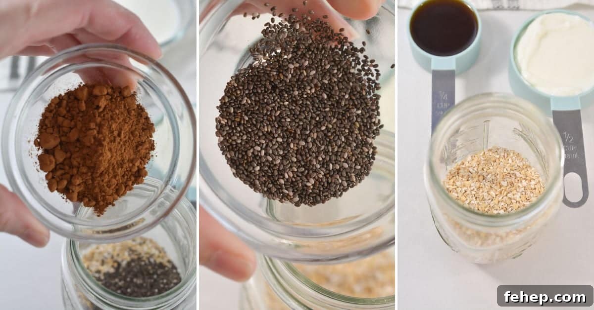 Three images show jars being filled with cocoa powder, chia seeds, and oats with measuring cups of maple syrup and yogurt nearby on the right.