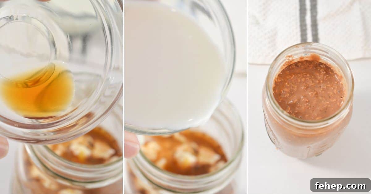 Three-panel image showing: pouring vanilla extract into a jar, adding milk into the same jar, and a filled jar of tiramisu overnight oats.