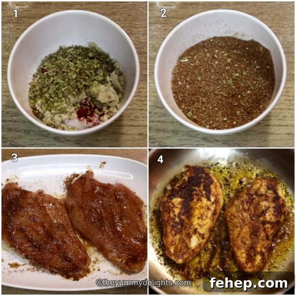 Collage image of 4 steps showing how to make cumin chicken. It shows how to make cumin seasoning, marinating the chicken and cooking it.