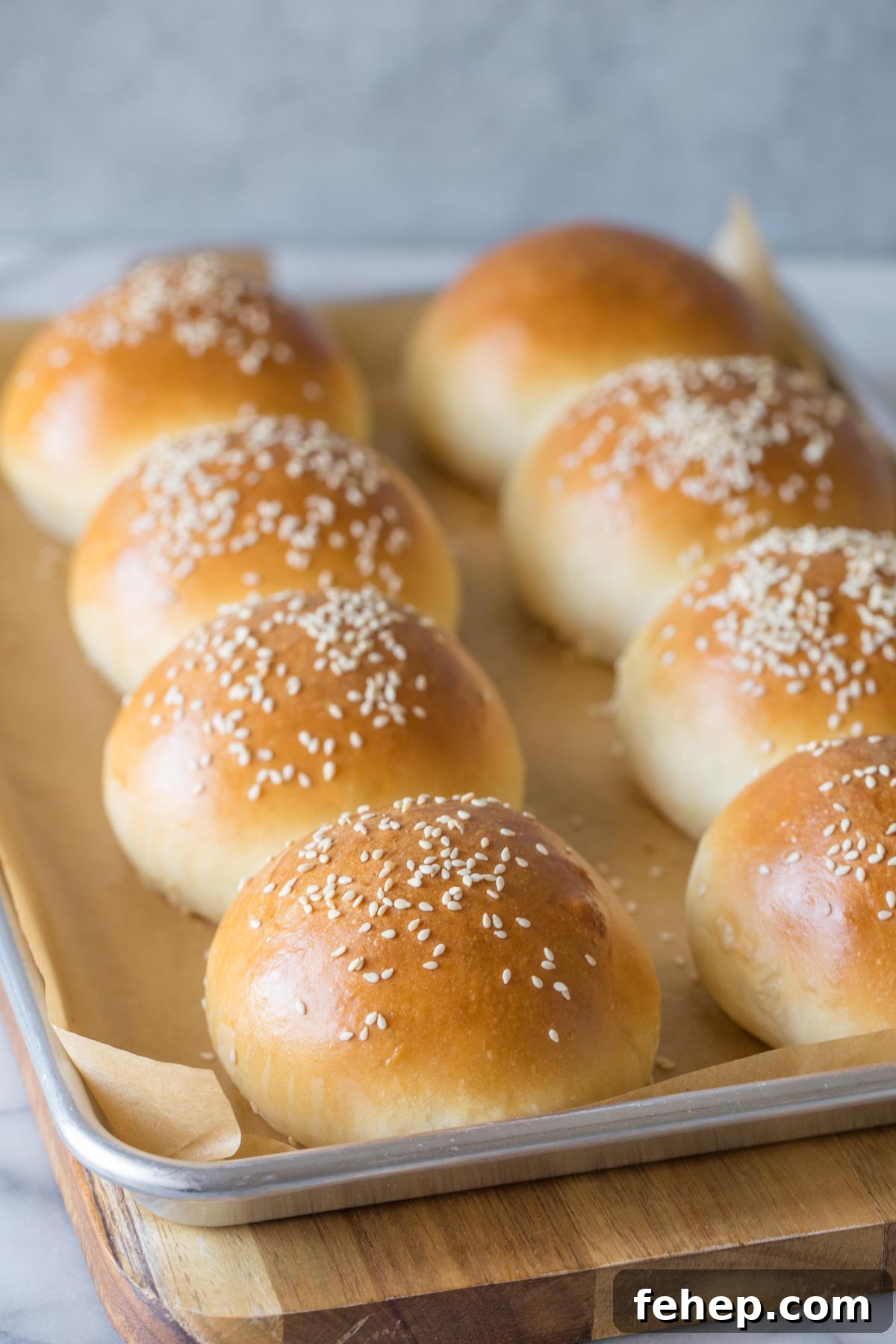Homemade Sourdough Hamburger Buns for Tender, Tangy Burgers 2 Sourdough Hamburger Buns on a parchment paper lined baking sheet.