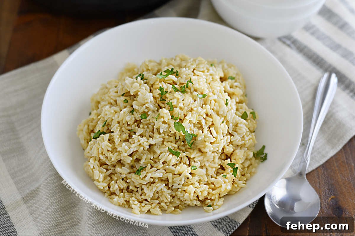 Perfect Instant Pot Brown Rice Recipe — Fluffy, Hands-Off Cook 9 bowl of instant pot brown rice with parsley