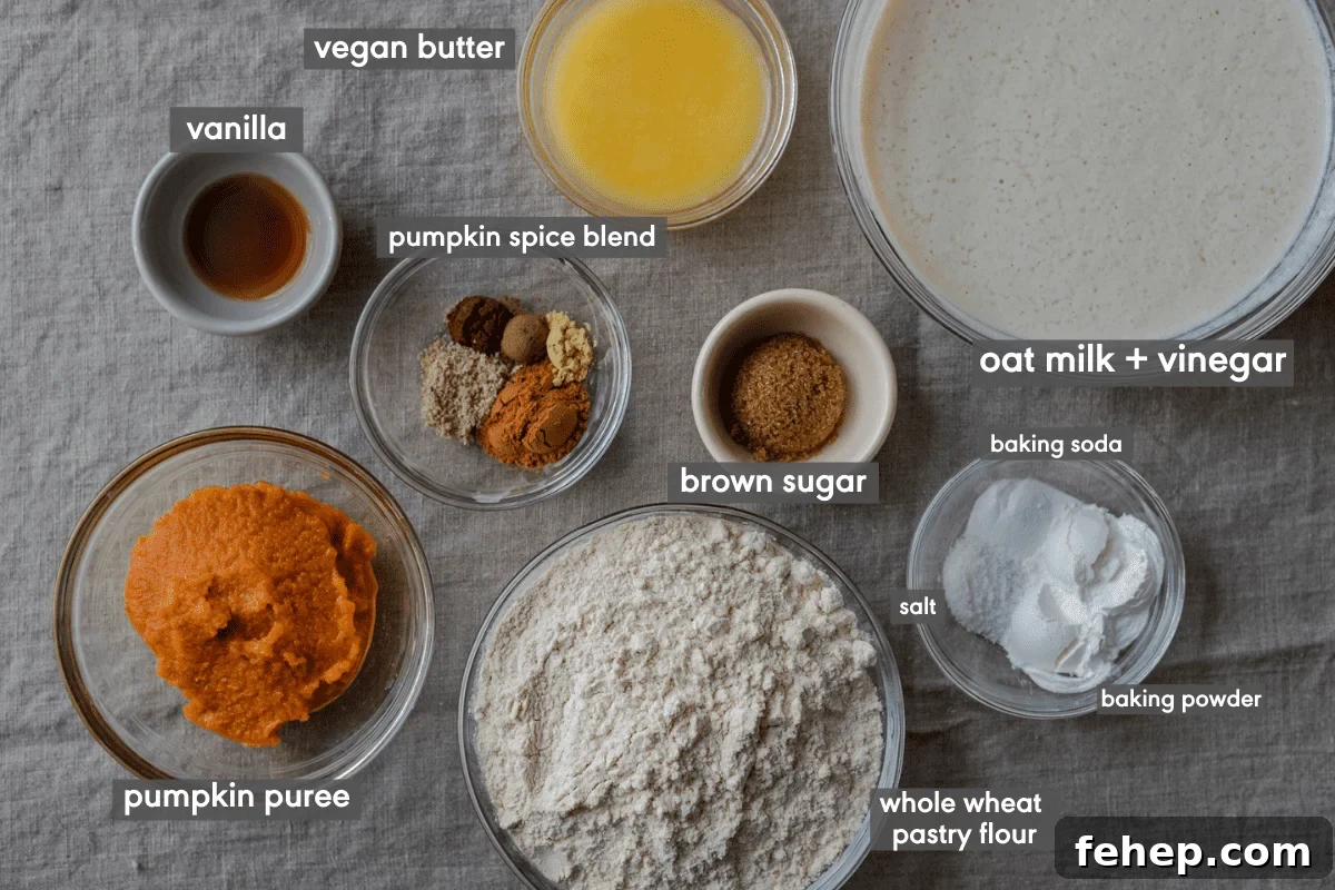ingredients for vegan pumpkin pancakes with ingredients labeled