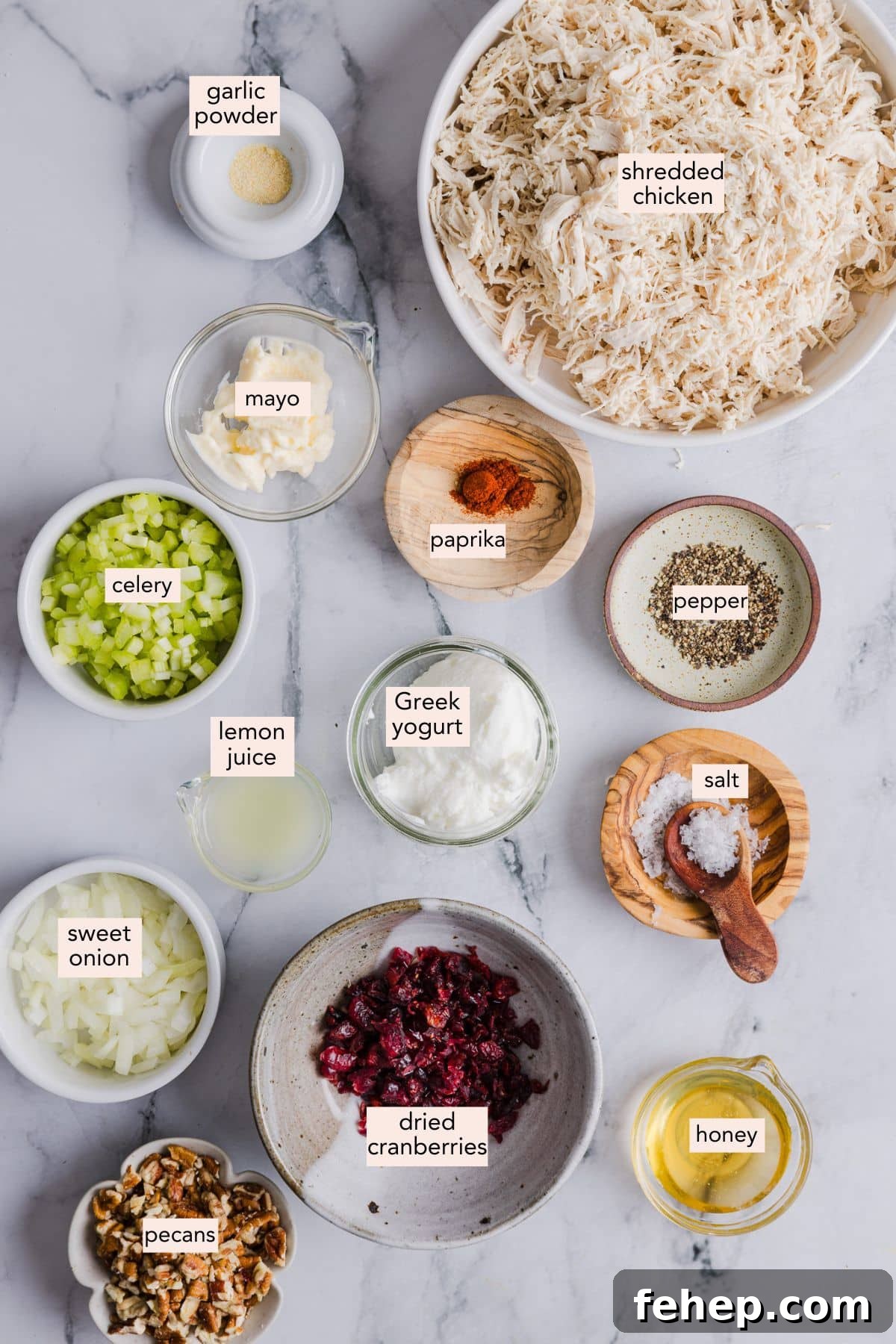 Classic Cape Cod Chicken Salad Recipe for Summer Lunches 3 Labeled ingredients for Cape Cod chicken salad on a countertop.