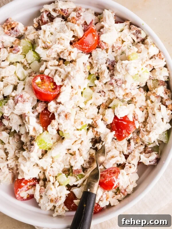 Classic Cape Cod Chicken Salad Recipe for Summer Lunches 10 A close up shot of BLT chicken salad in a white bowl with a large spoon.