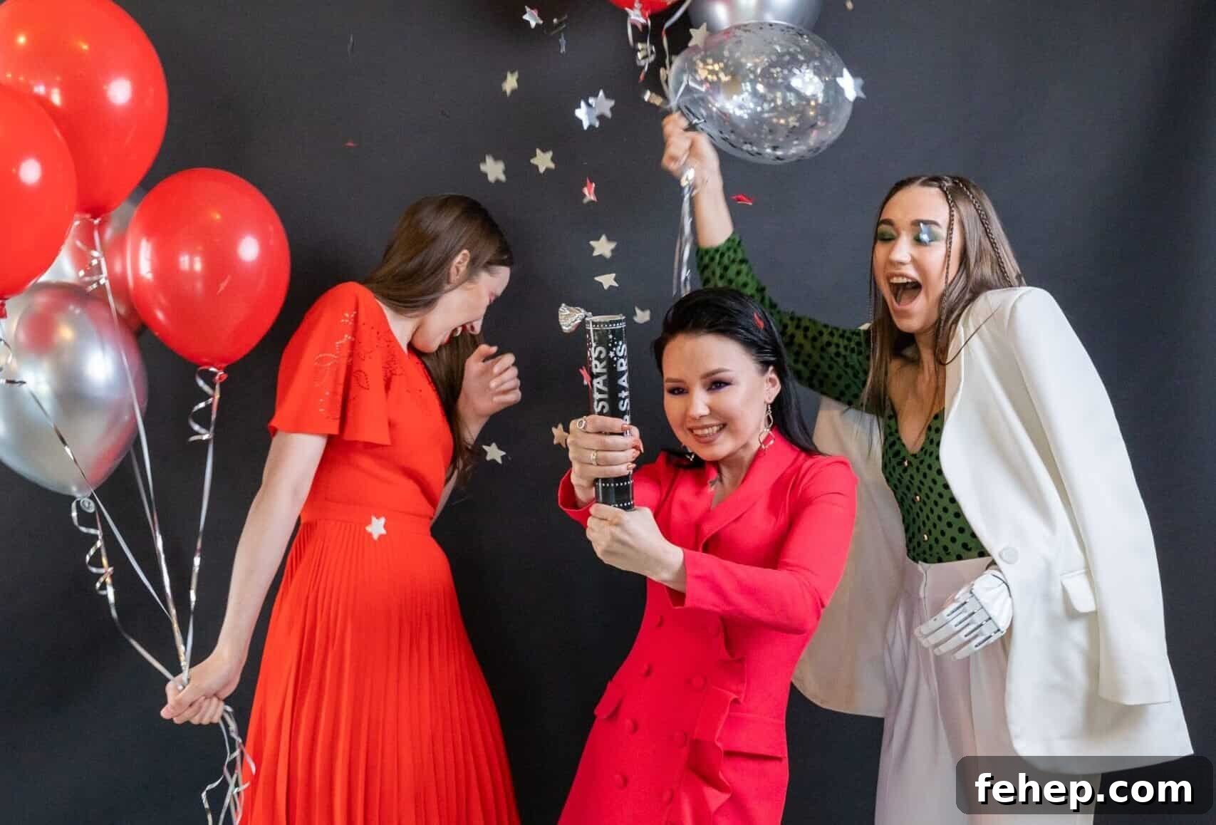 How to Plan a Memorable Surprise Party Guests Will Love 2 Three women with balloons and confetti celebrating a party.