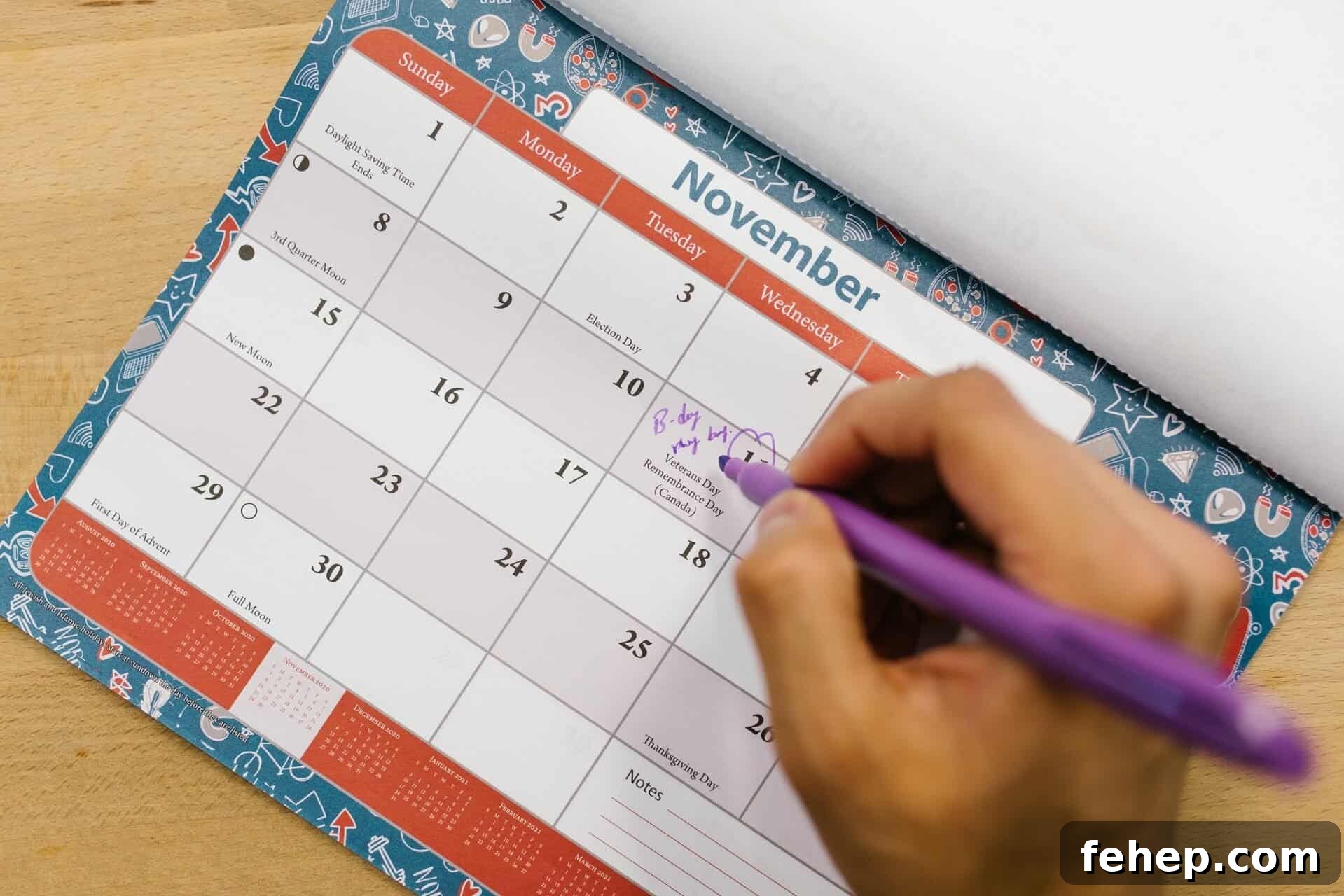 How to Plan a Memorable Surprise Party Guests Will Love 3 Person Holding Purple Click Pen and Writing on Calendar.