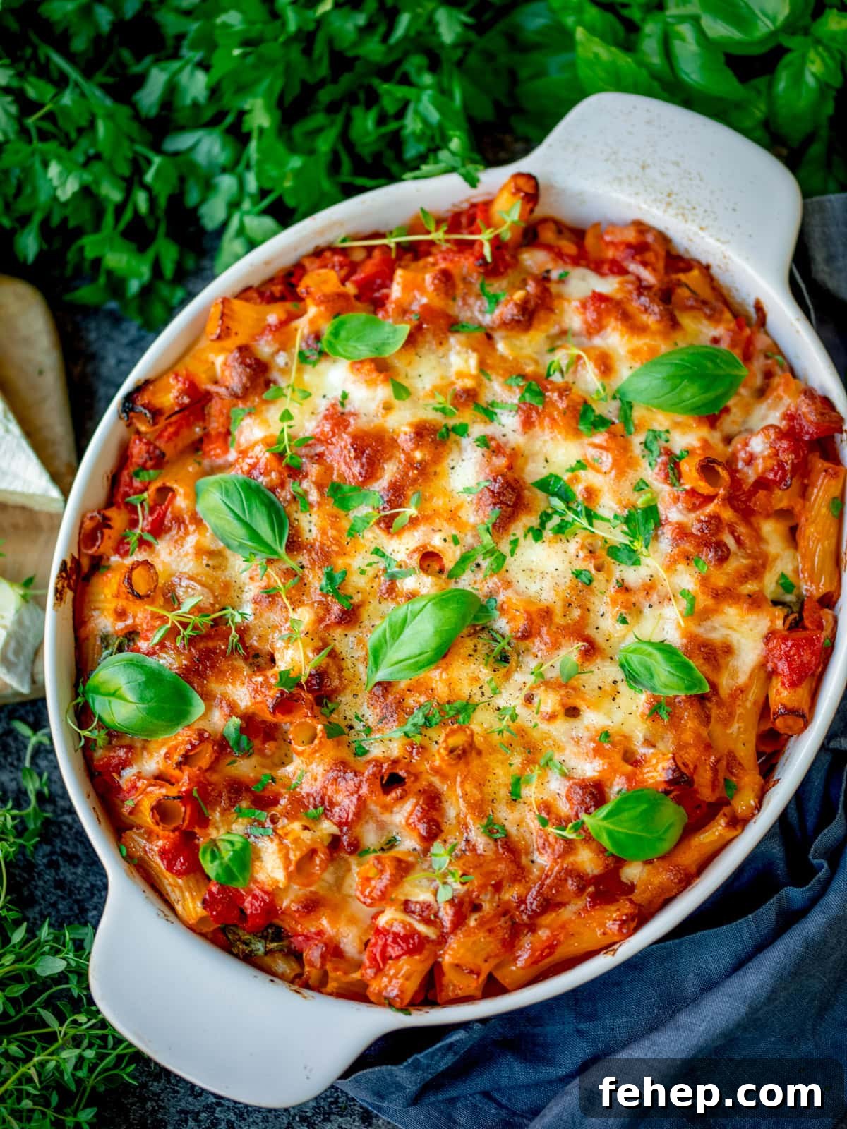 Sausage pasta bake topped with melted cheese, fresh basil, and herbs in a white oval casserole dish on a dark surface.