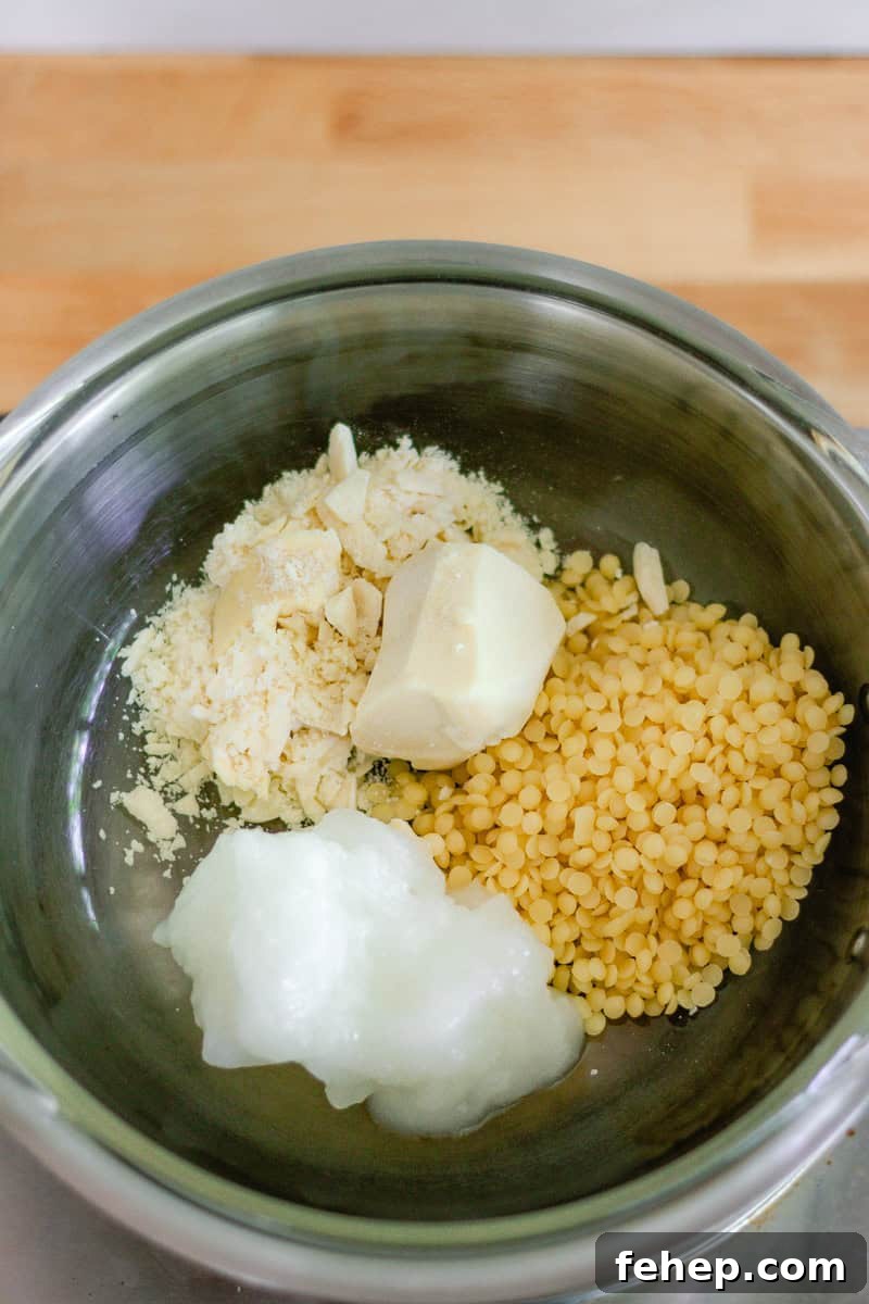 Lotion bar ingredients melting in a double boiler. 
