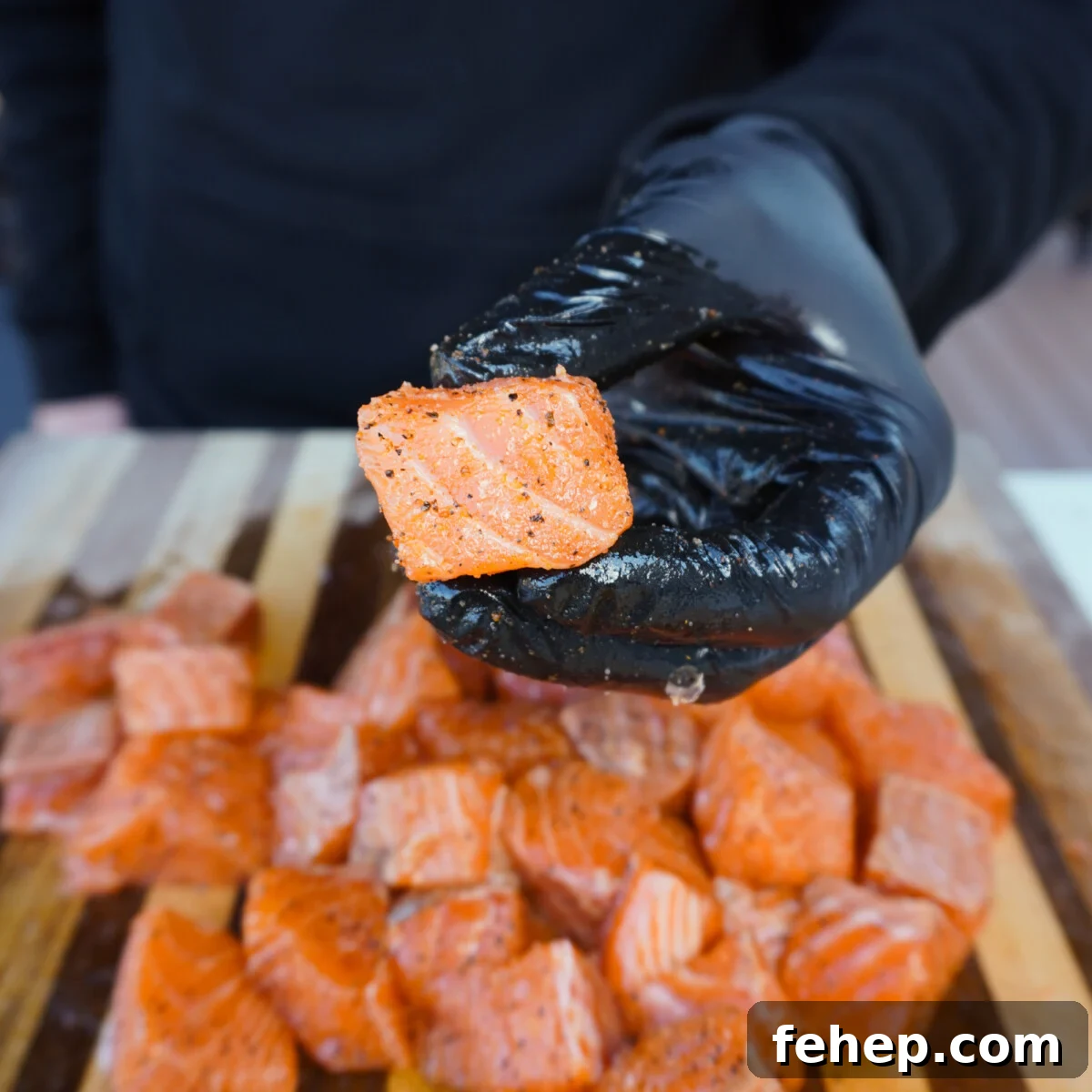 seasoned raw salmon bites.
