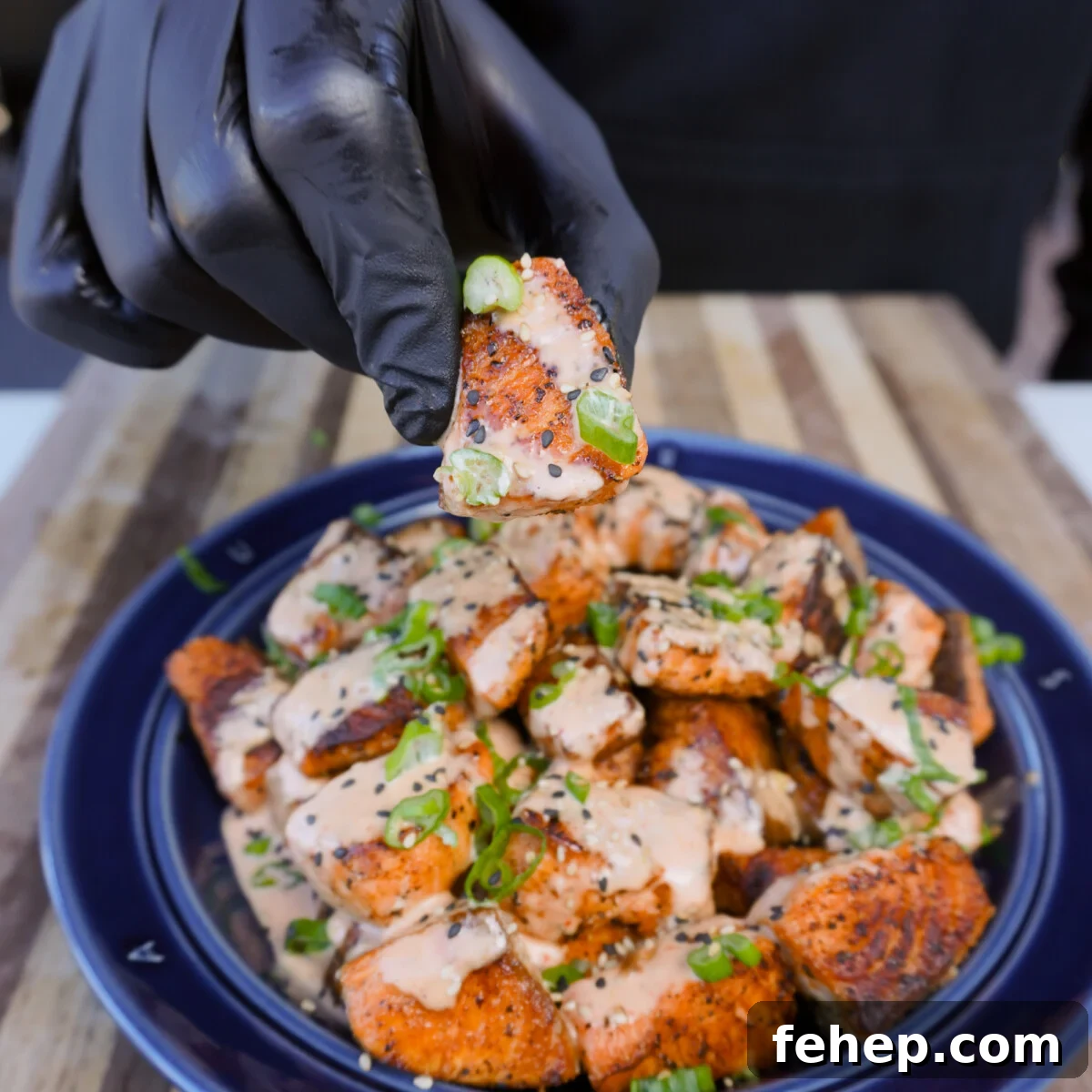 crispy cajun salmon bites up close.