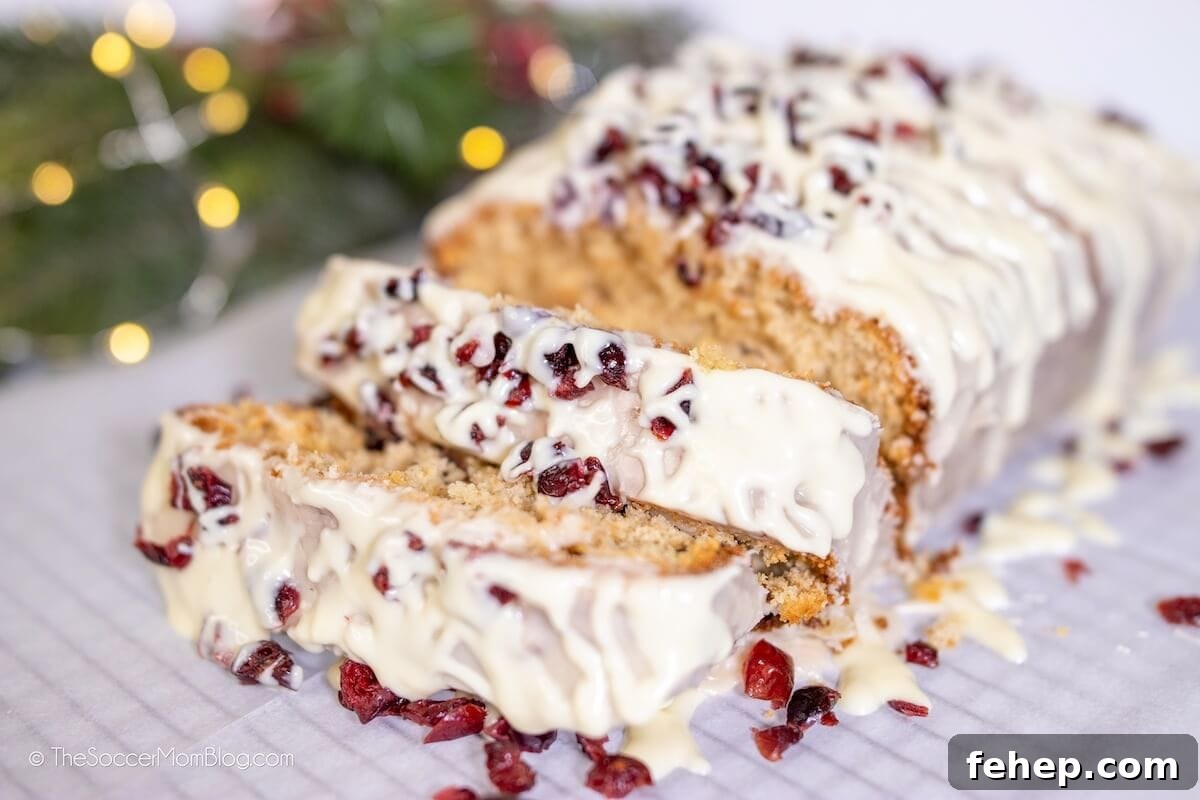 cranberry bliss bread made with cranberries and white chocolate