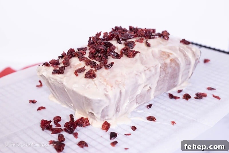 icing quick bread with vanilla glaze and dried cranberries