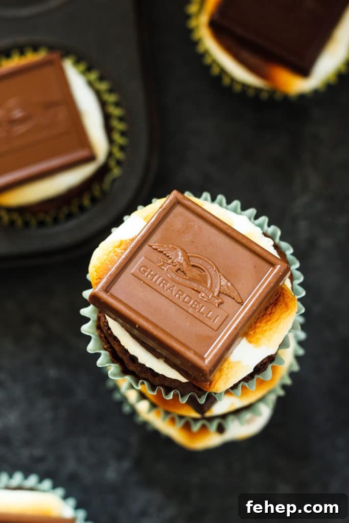 Brownie Smore's Cupcake topped with marshmallow and chocolate squares