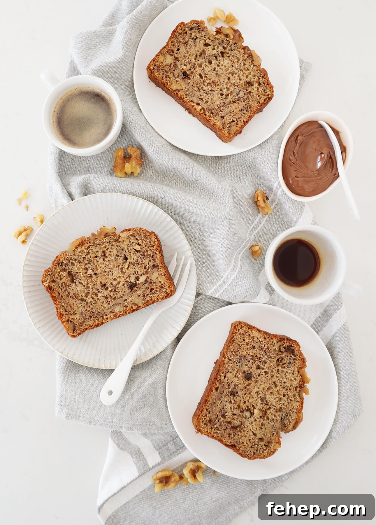 Slices of banana bread with hazelnut spread and coffee // FoodNouveau.com