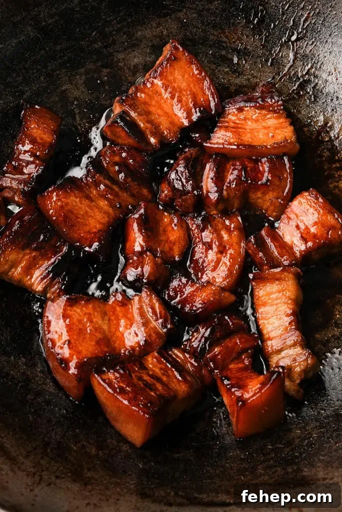 slow braised pork belly caramelized pork belly in skillet