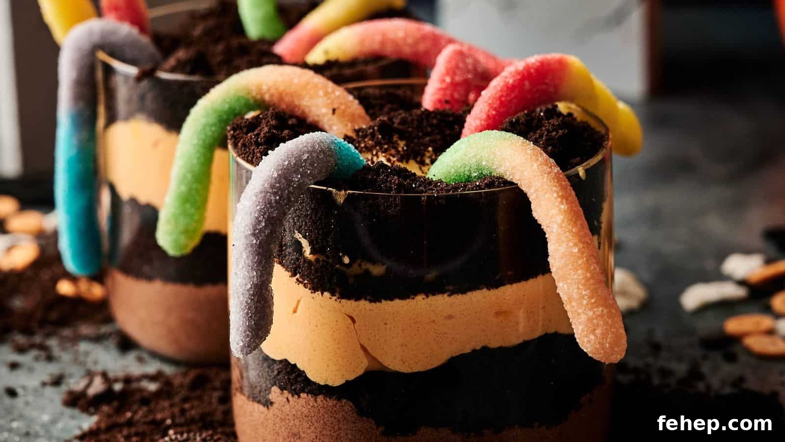 11 Spooky Halloween Treats to Liven Up Any October Night 11 A close-up of dessert cups layered with chocolate, cream, crushed cookies, and topped with colorful gummy worms.