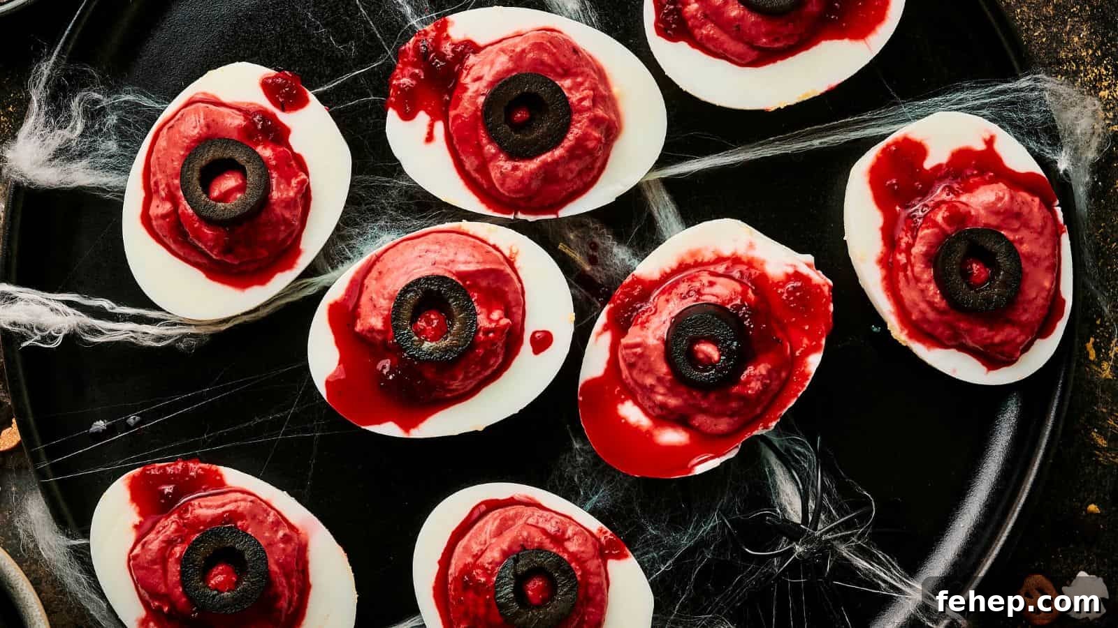11 Spooky Halloween Treats to Liven Up Any October Night 4 A plate of Halloween deviled eggs, halved and adorned with red sauce and black olives to resemble eerie eyeballs, sits on a dark background with cobwebs.