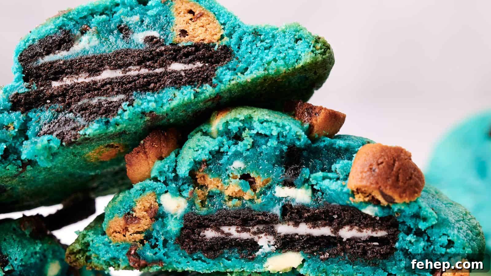 11 Spooky Halloween Treats to Liven Up Any October Night 5 Close-up of a stack of vibrant blue Cookie Monster cookies with Oreo centers and chocolate chips. The cookies are cracked open, revealing the Oreo cookies inside.