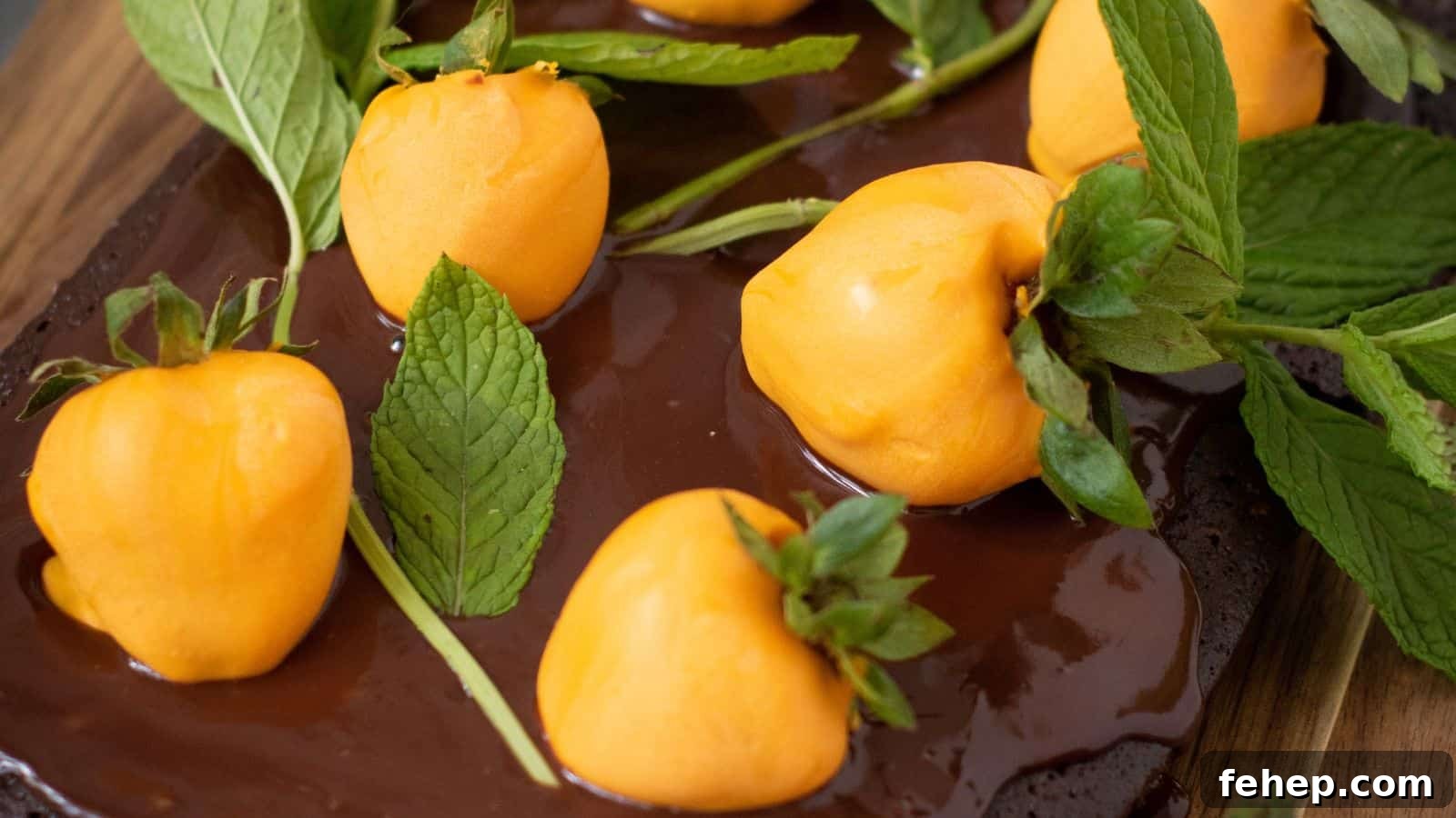 11 Spooky Halloween Treats to Liven Up Any October Night 7 Close-up of five bright orange physalis fruits placed on a chocolate pumpkin patch brownie surface, garnished with fresh green mint leaves.