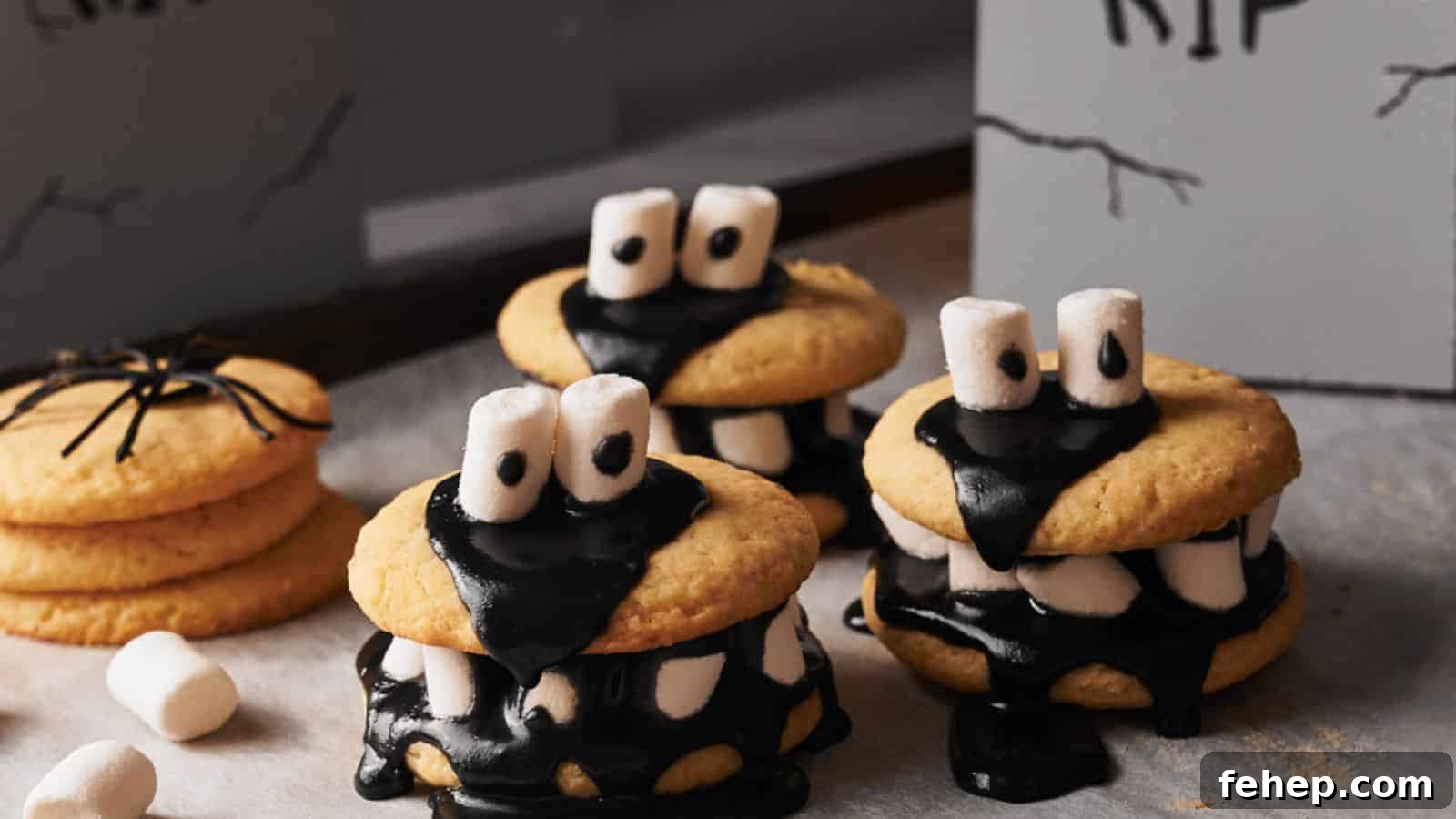 11 Spooky Halloween Treats to Liven Up Any October Night 9 Halloween cookies with black frosting and marshmallows.