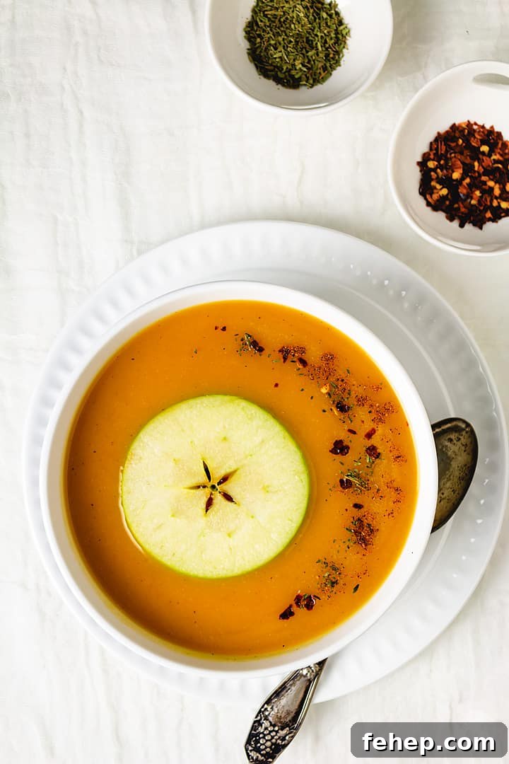 Butternut Squash and Apple Soup Recipe for Cozy Fall Nights 4 One serving of soup with small ramekins filled with spices.