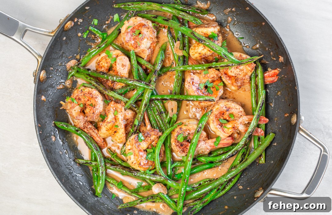 Skillet Chili-Shrimp and Blackened Green Beans with Blood Orange Butter Sauce ready to eat!