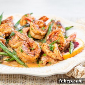 Skillet Chili-Shrimp with Blackened Green Beans and Blood Orange Butter