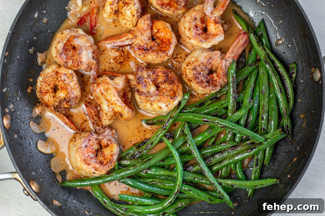 Skillet Chili-Shrimp with Blackened Green Beans and Blood Orange Butter