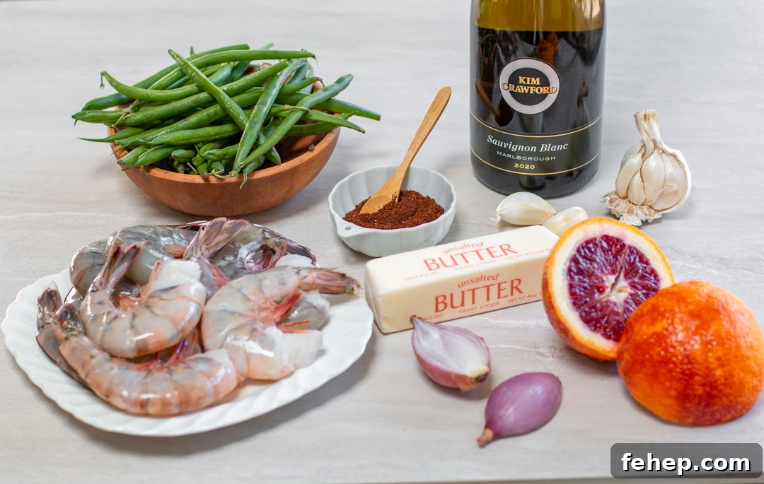 Ingredients for the Skillet Chili-Shrimp and Blackened Green Beans with Blood Orange Butter Sauce