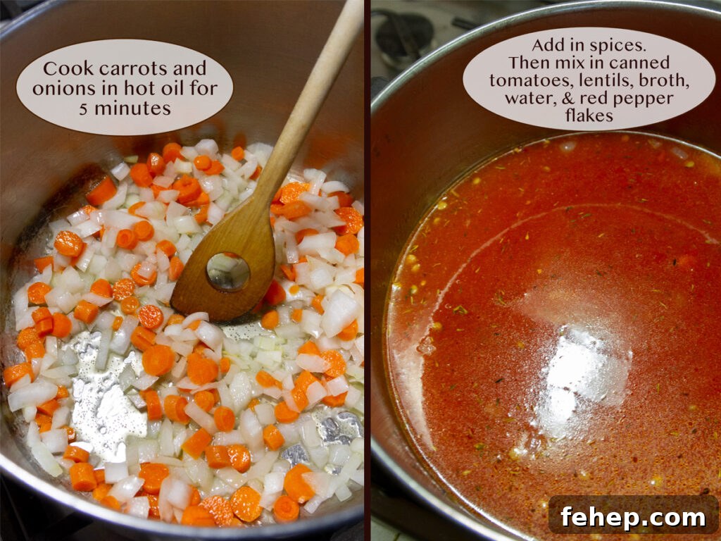 Hearty Tomato and Red Lentil Soup Recipe for Cozy Meals 5 how to make soup cooking vegetables and adding broth.
