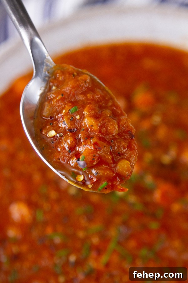 Hearty Tomato and Red Lentil Soup Recipe for Cozy Meals 7 a spoonfull of soup in front of the bowl of soup.