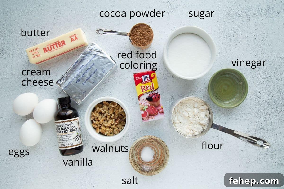 ingredients for red velvet brownies on a white table.