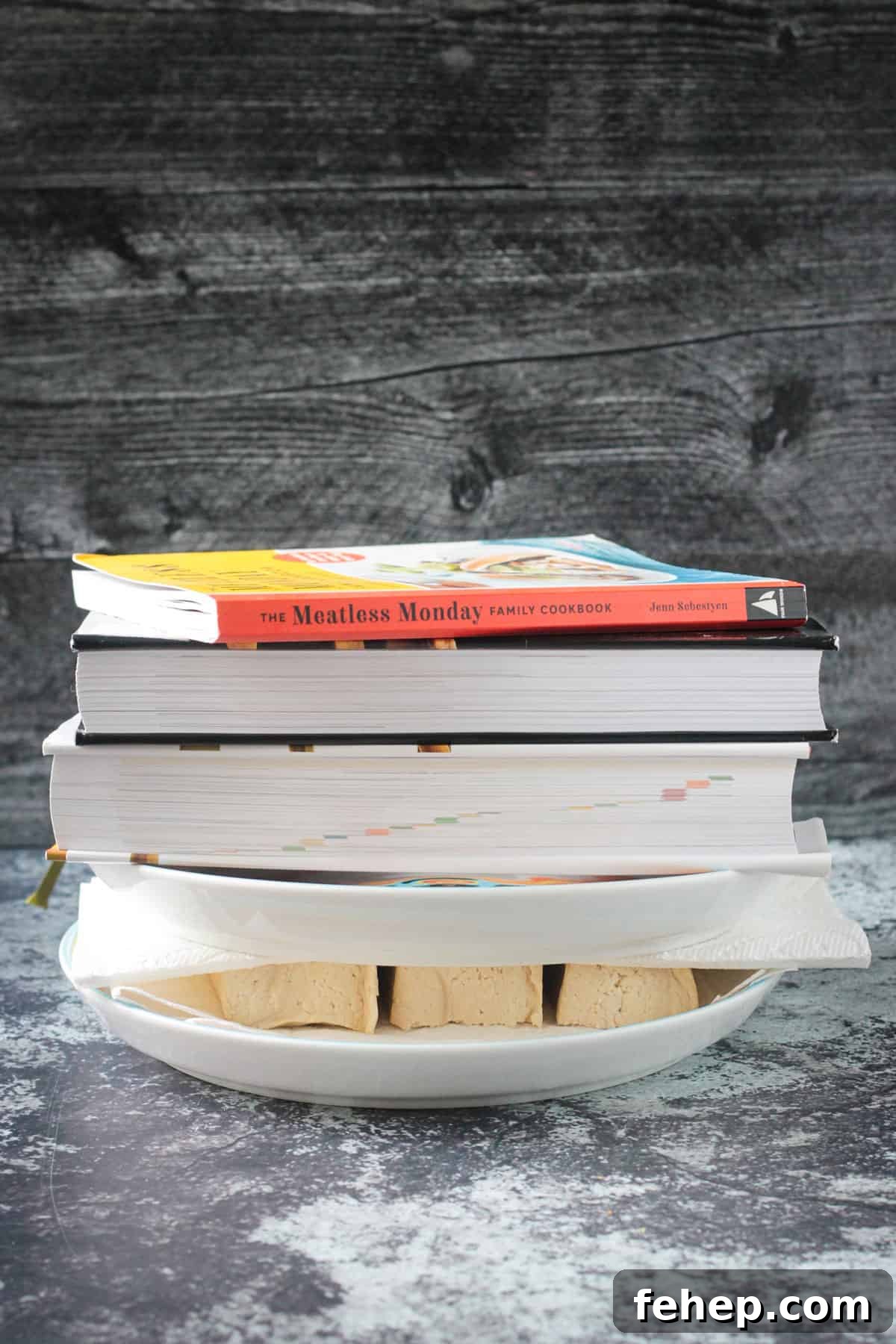 Flavorful Marinated Baked Tofu Recipe for Crispy, Savory Tofu 4 Pressing tofu slices between two paper towel lined plates weighted down with books.