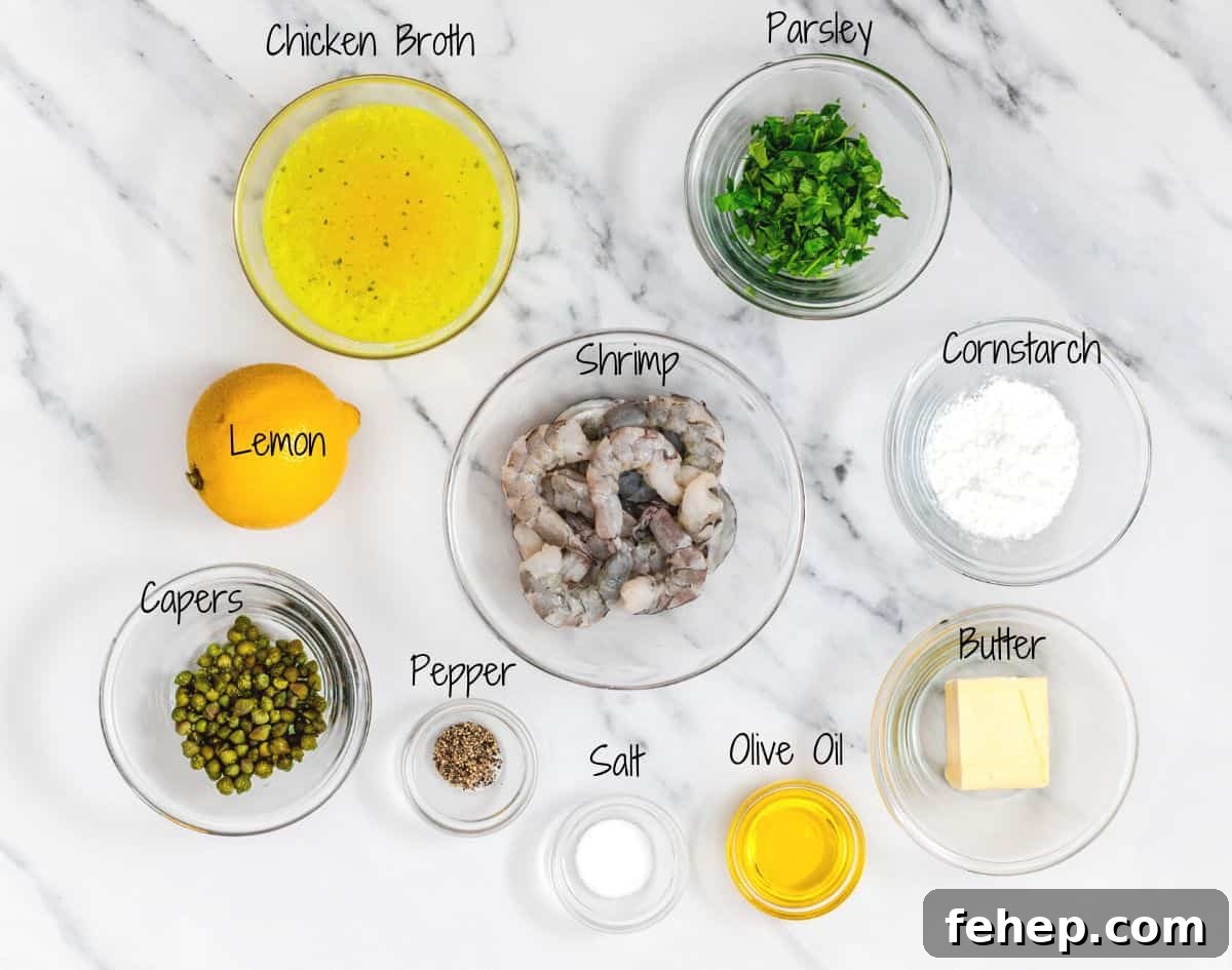 Shrimp Piccata Ingredients on a white marble board.