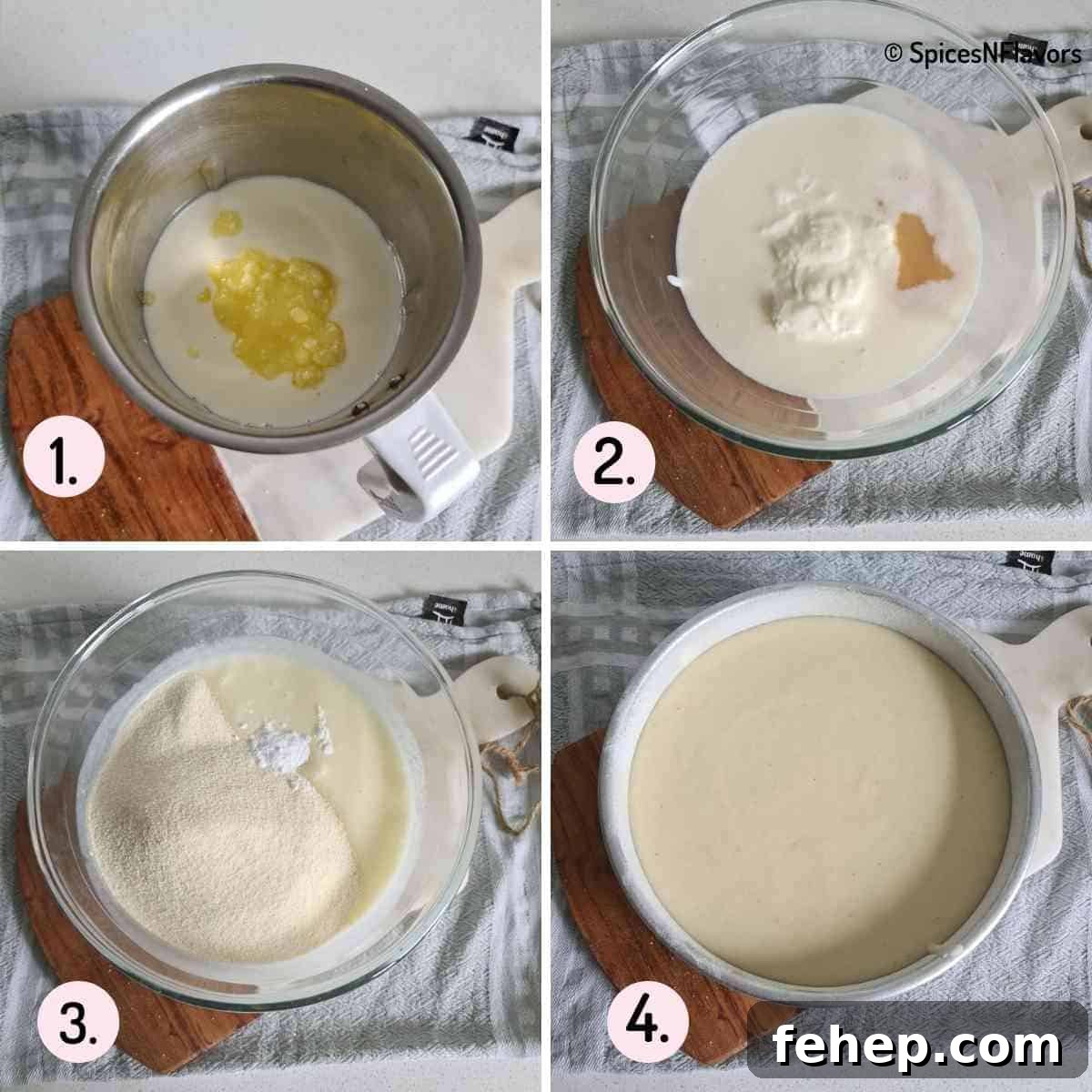 Eggless Rava Cake Recipe for Beginners: Soft Semolina Cake Tutorial 4 collage of images showing how to make the cake batter