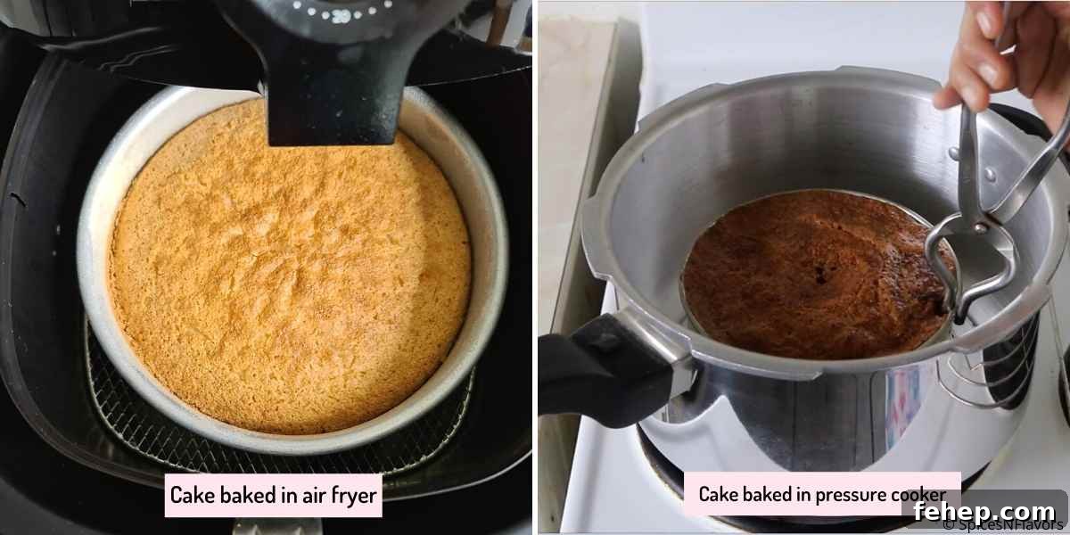 Eggless Rava Cake Recipe for Beginners: Soft Semolina Cake Tutorial 5 collage of images showing the air fryer cake and pressure cooker cake