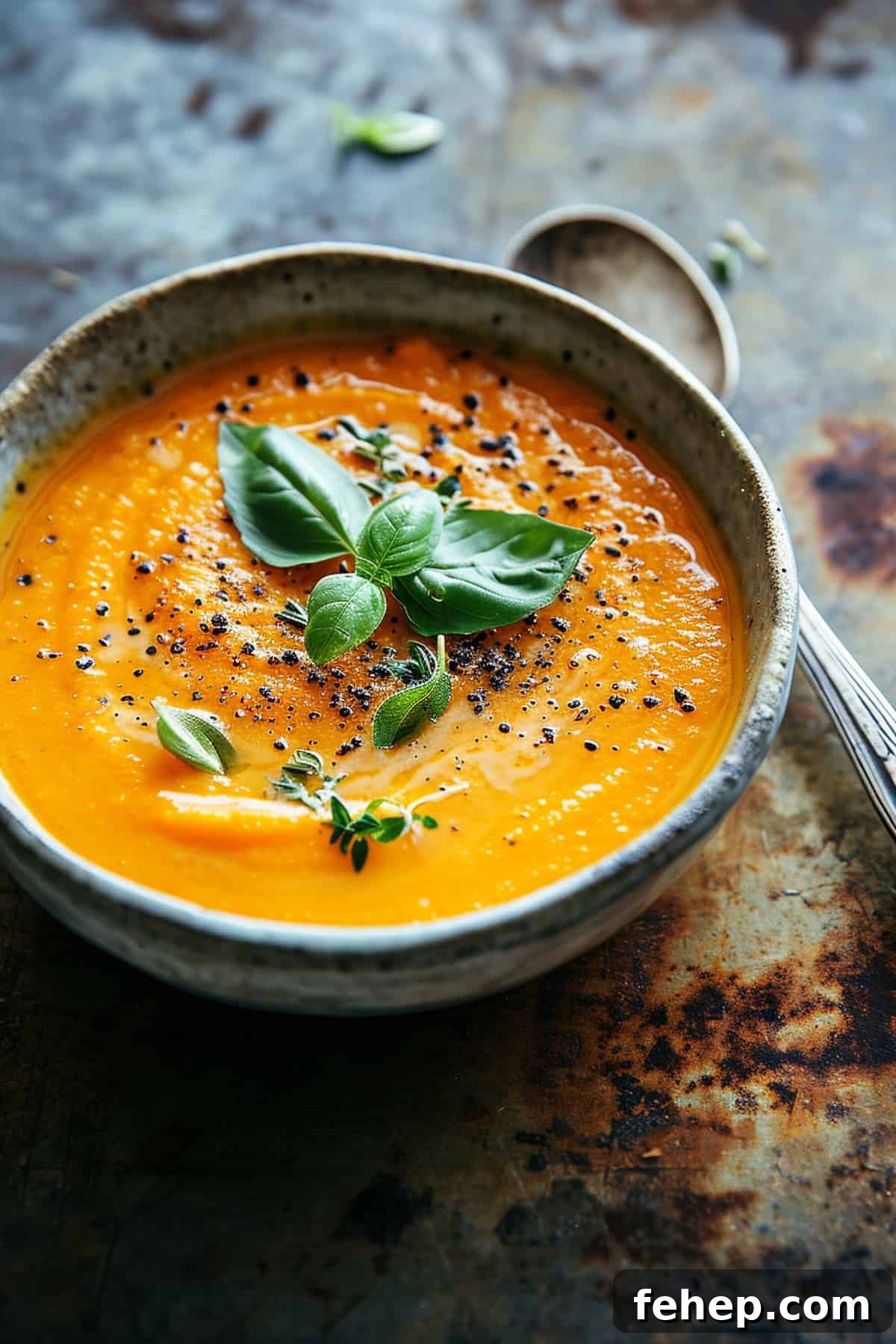 Spicy sweet potato soup with cream and black pepper.